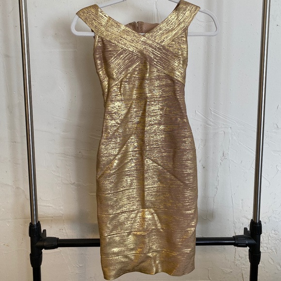 Herve Leger gold shimmer criss cross foil bodycon bandage dress XS NWT - Picture 7 of 13
